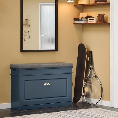 Blue Shoe Storage Bench with Cushion & Flip Drawer – Slim Hallway Cabinet - Kwikley