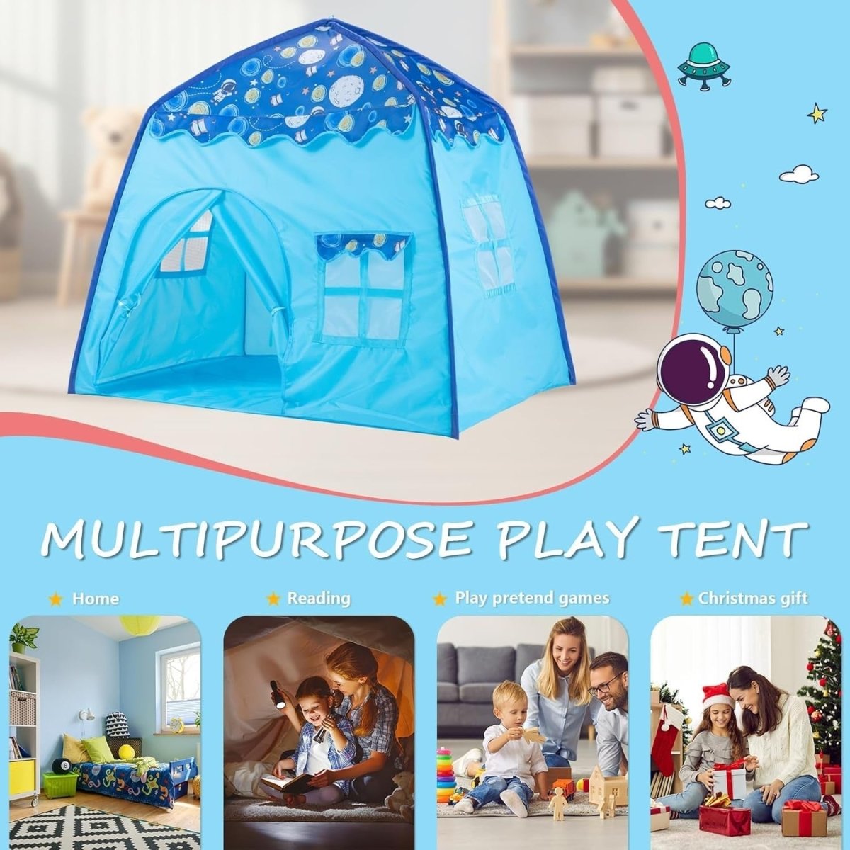 Blue Space Kids Pop Up Play Tent Dome Castle Indoor Outdoor - Kwikley