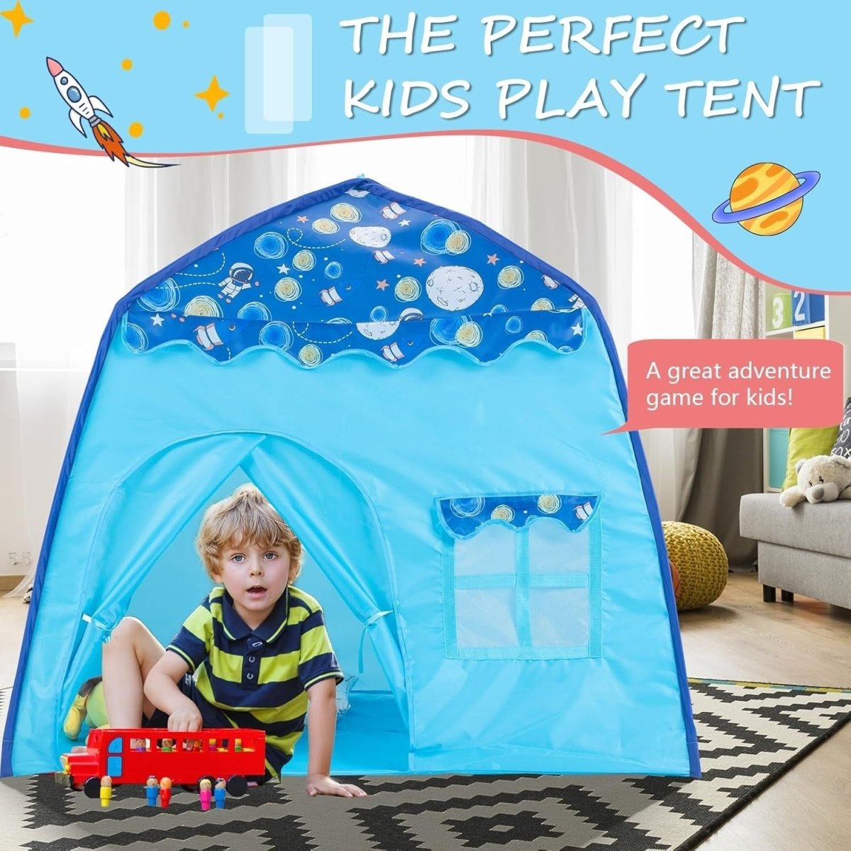 Blue Space Kids Pop Up Play Tent Dome Castle Indoor Outdoor - Kwikley