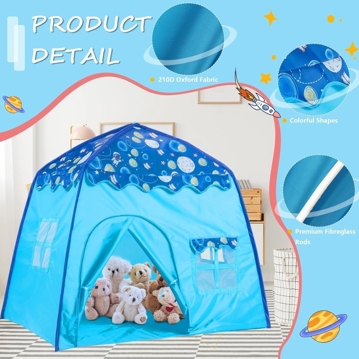 Blue Space Kids Pop Up Play Tent Dome Castle Indoor Outdoor - Kwikley