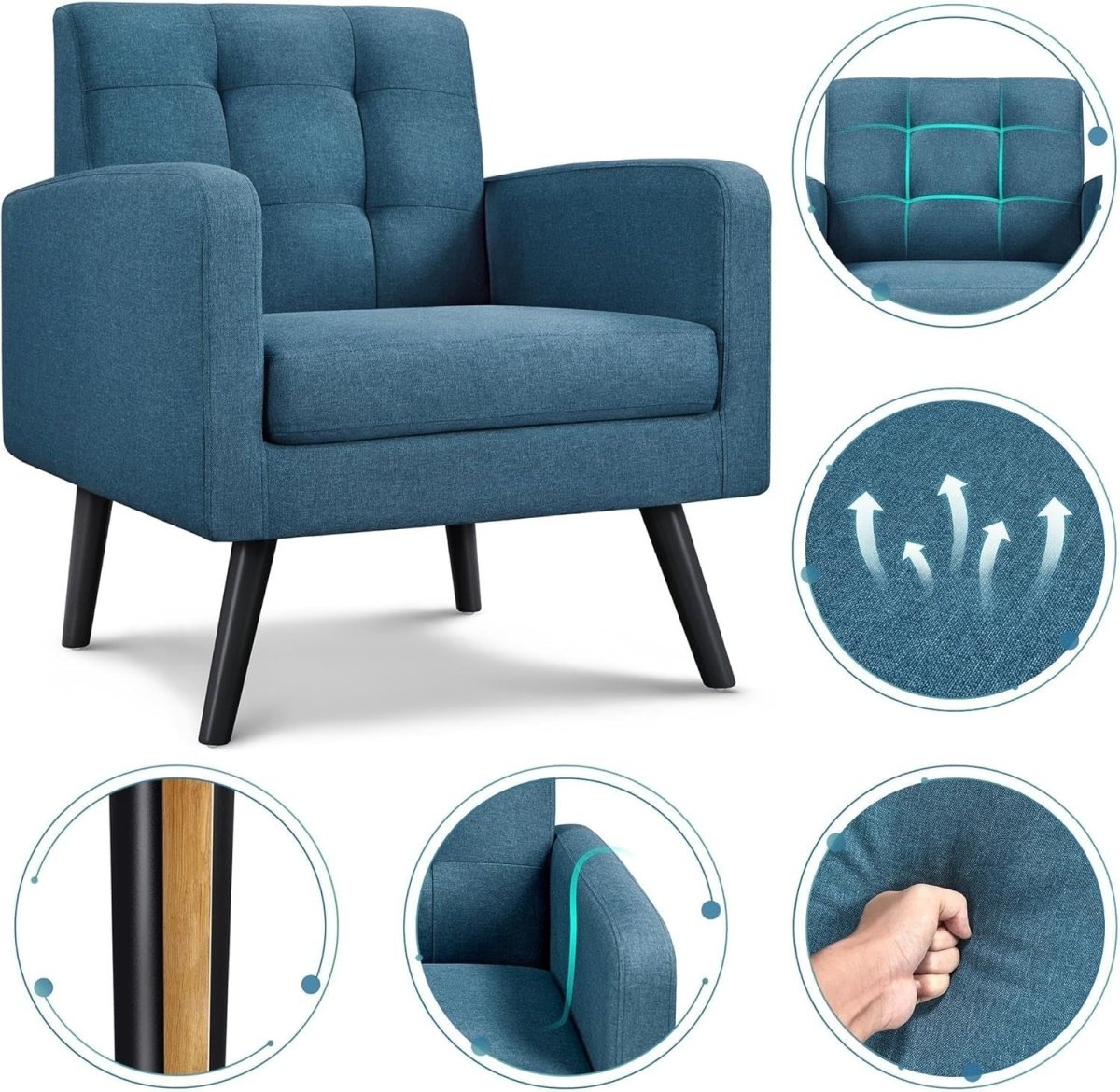 Blue Tufted Accent Chair Mid Century Armchair for Lounge or Bedroom - Kwikley