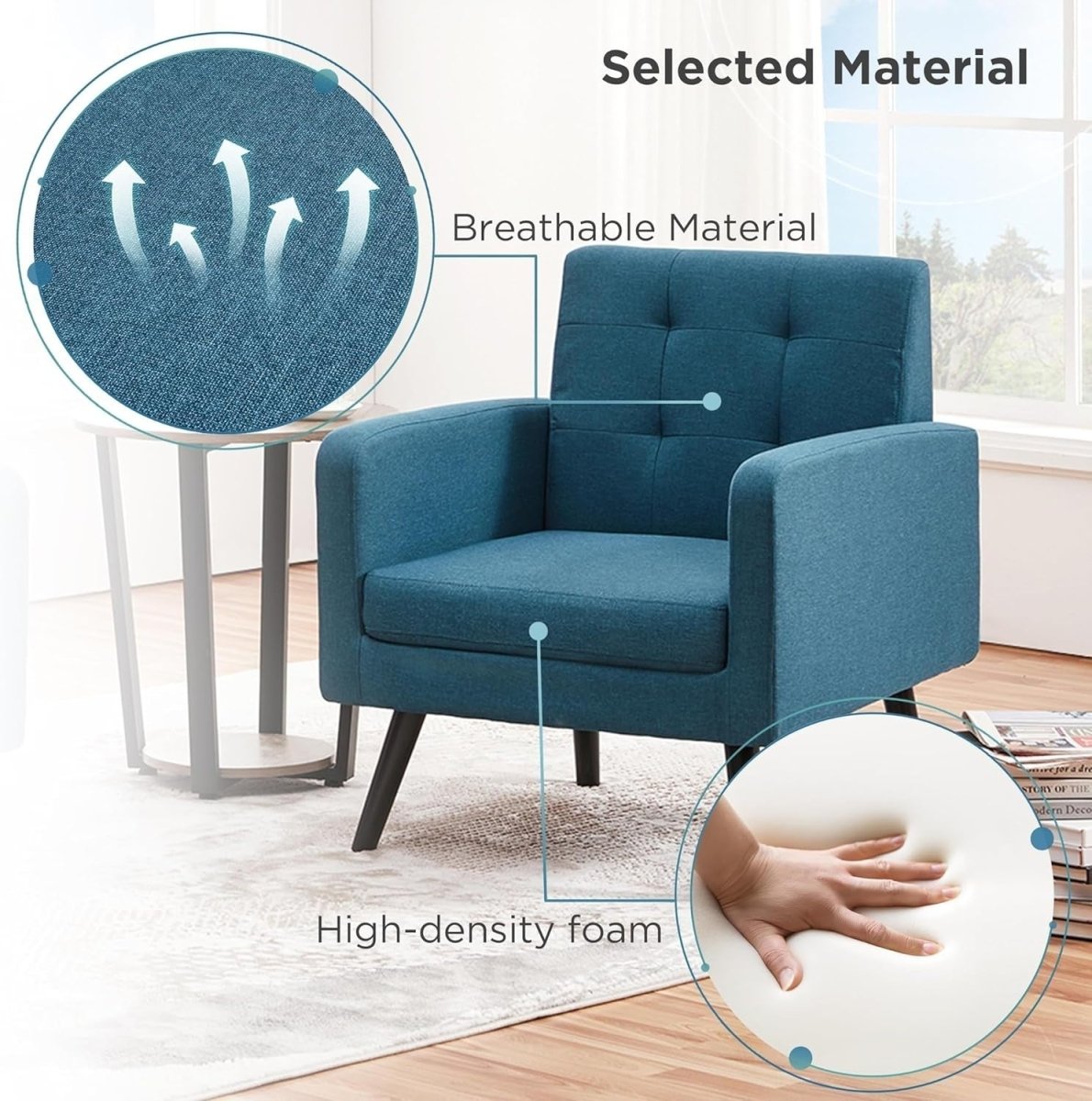 Blue Tufted Accent Chair Mid Century Armchair for Lounge or Bedroom - Kwikley