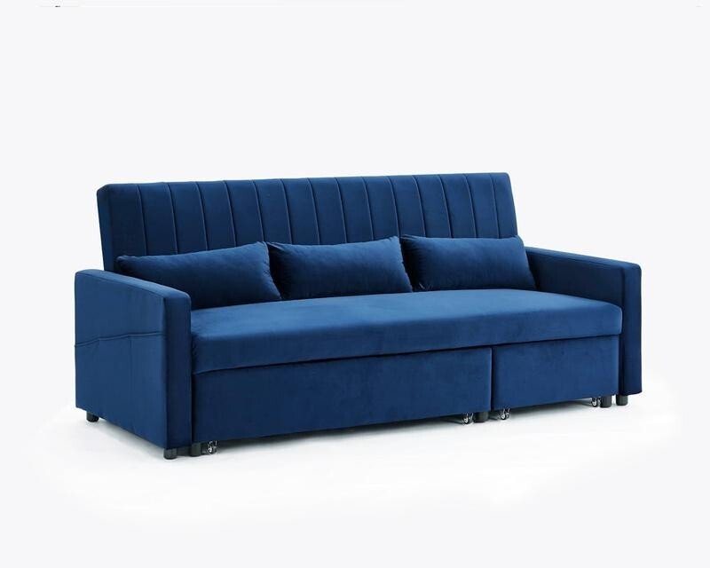 Blue Velvet 3 Seater Sofa Bed Pull Out Storage Chaise Guest Sleeper - Kwikley