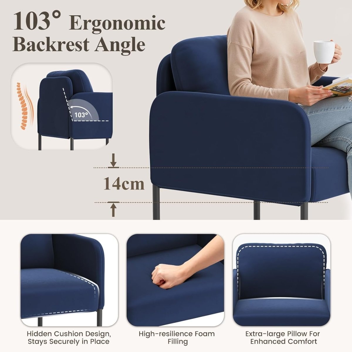 Blue Velvet Accent Armchair Modern Lounge Reading Chair - Kwikley
