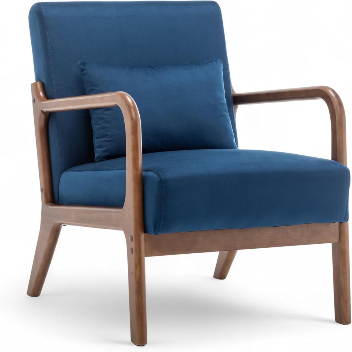 Blue Velvet Accent Chair w/ Lumbar Cushion – Small Wooden Armchair - Kwikley