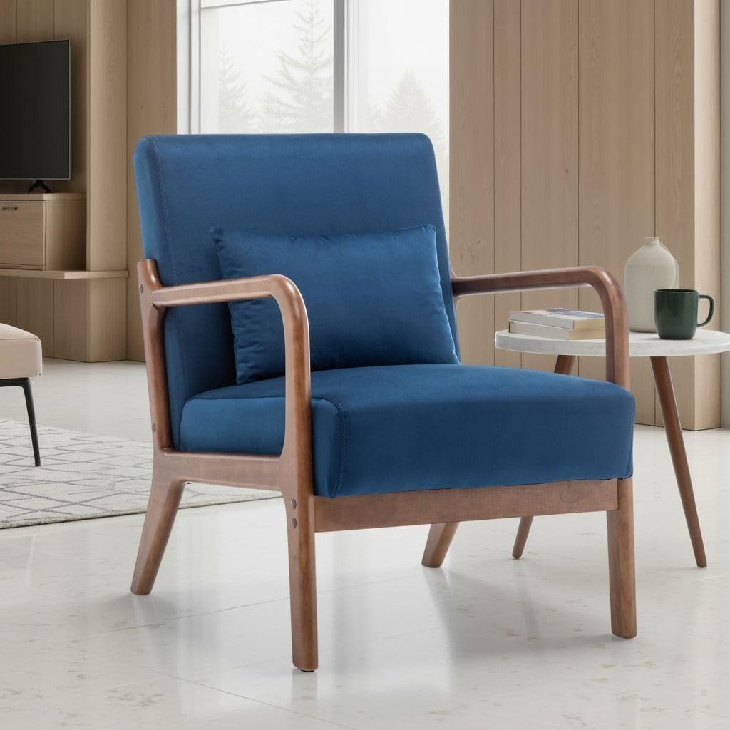 Blue Velvet Accent Chair w/ Lumbar Cushion – Small Wooden Armchair - Kwikley