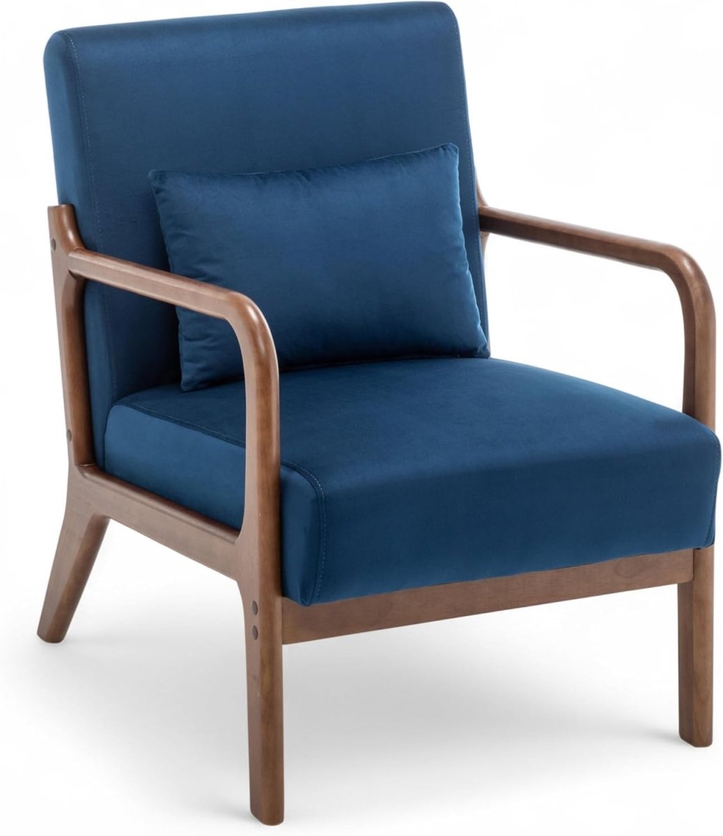 Blue Velvet Accent Chair w/ Lumbar Cushion – Small Wooden Armchair - Kwikley