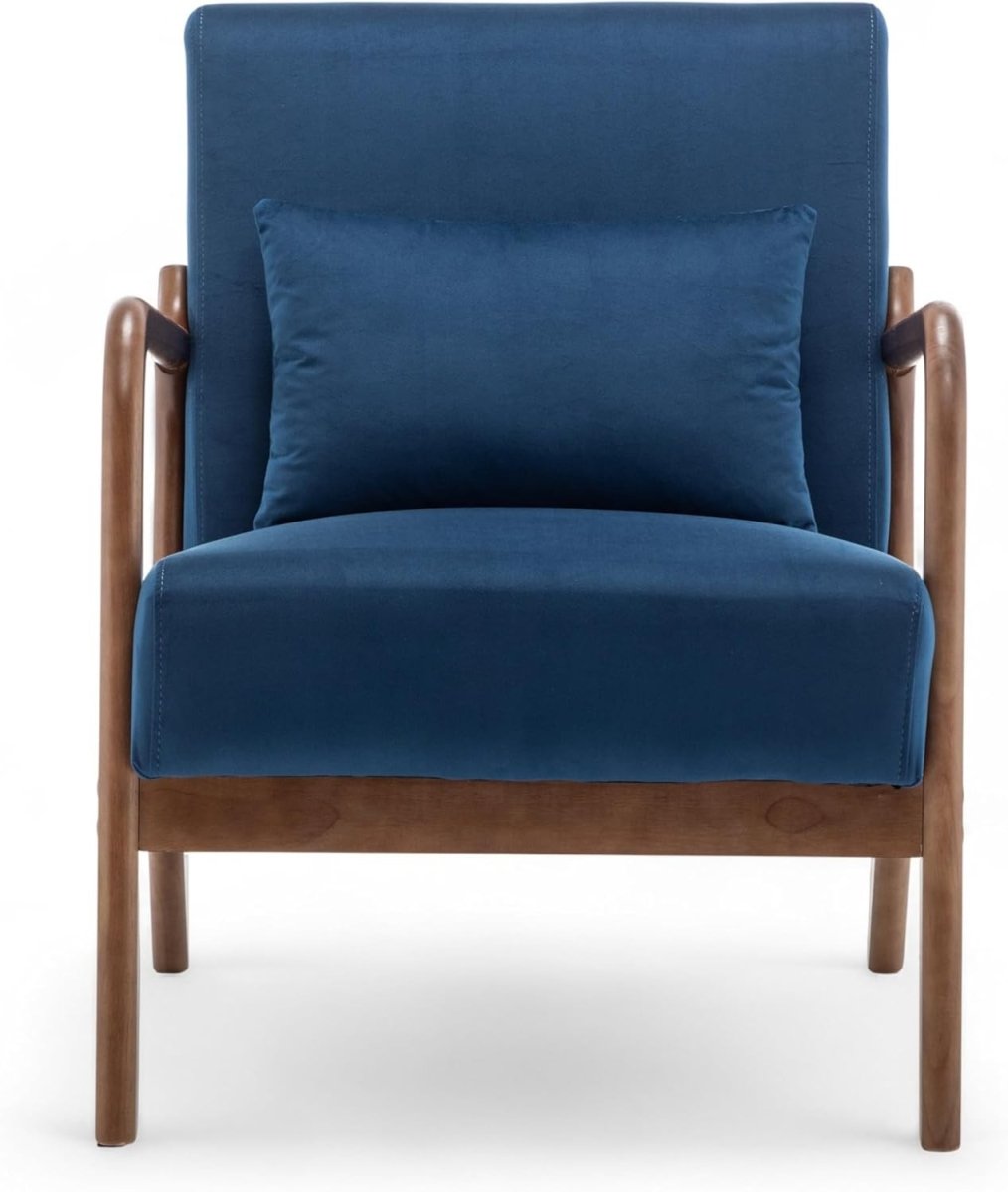 Blue Velvet Accent Chair w/ Lumbar Cushion – Small Wooden Armchair - Kwikley