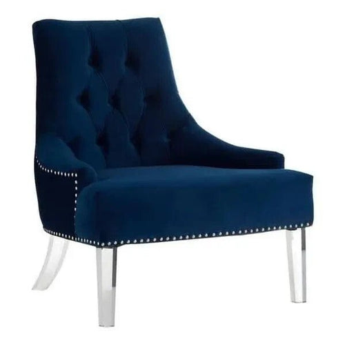 Blue Velvet Button Accent Chair – Tufted Back Acrylic Legs Modern Seat - Kwikley