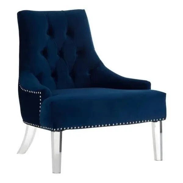 Blue Velvet Button Accent Chair – Tufted Back Acrylic Legs Modern Seat - Kwikley