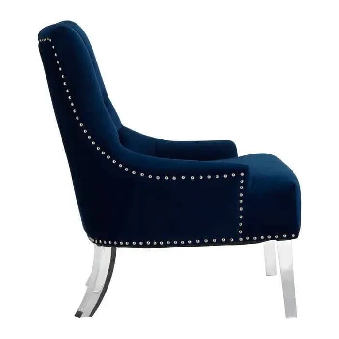 Blue Velvet Button Accent Chair – Tufted Back Acrylic Legs Modern Seat - Kwikley