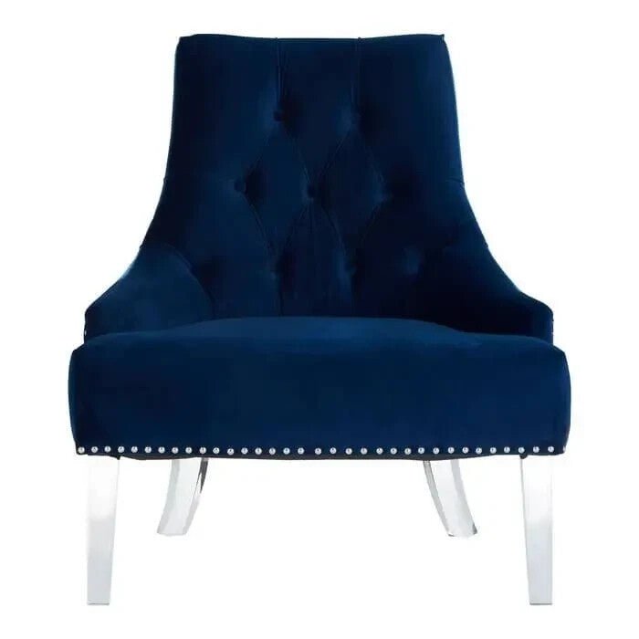 Blue Velvet Button Accent Chair – Tufted Back Acrylic Legs Modern Seat - Kwikley