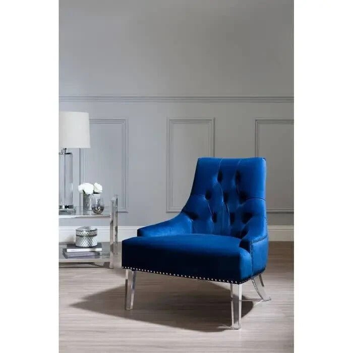 Blue Velvet Button Accent Chair – Tufted Back Acrylic Legs Modern Seat - Kwikley