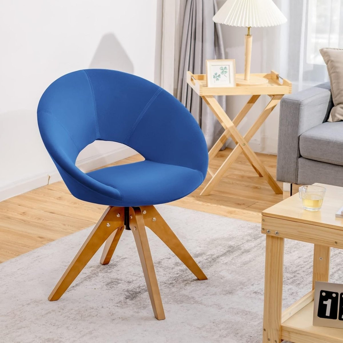 Blue Velvet Swivel Accent Chair 360° Tub Armchair Beech Legs - Kwikley