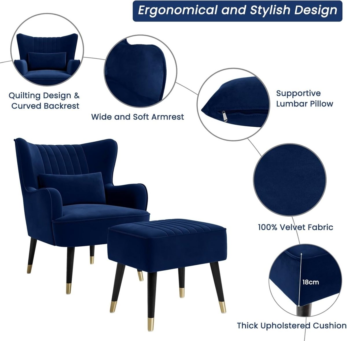 Blue Velvet Wing Back Accent Chair & Footstool Lounge Set - Kwikley