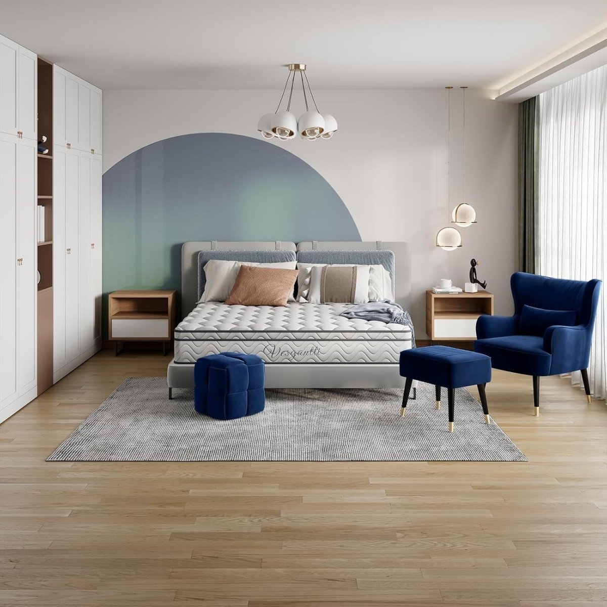 Blue Velvet Wing Back Accent Chair & Footstool Lounge Set - Kwikley