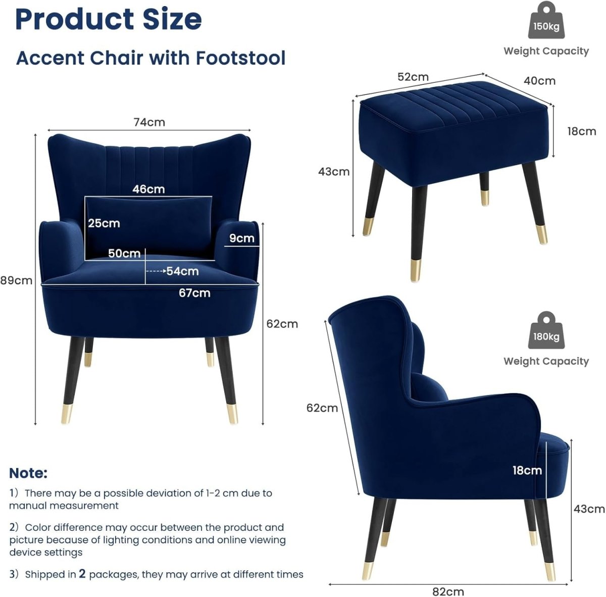 Blue Velvet Wing Back Accent Chair & Footstool Lounge Set - Kwikley