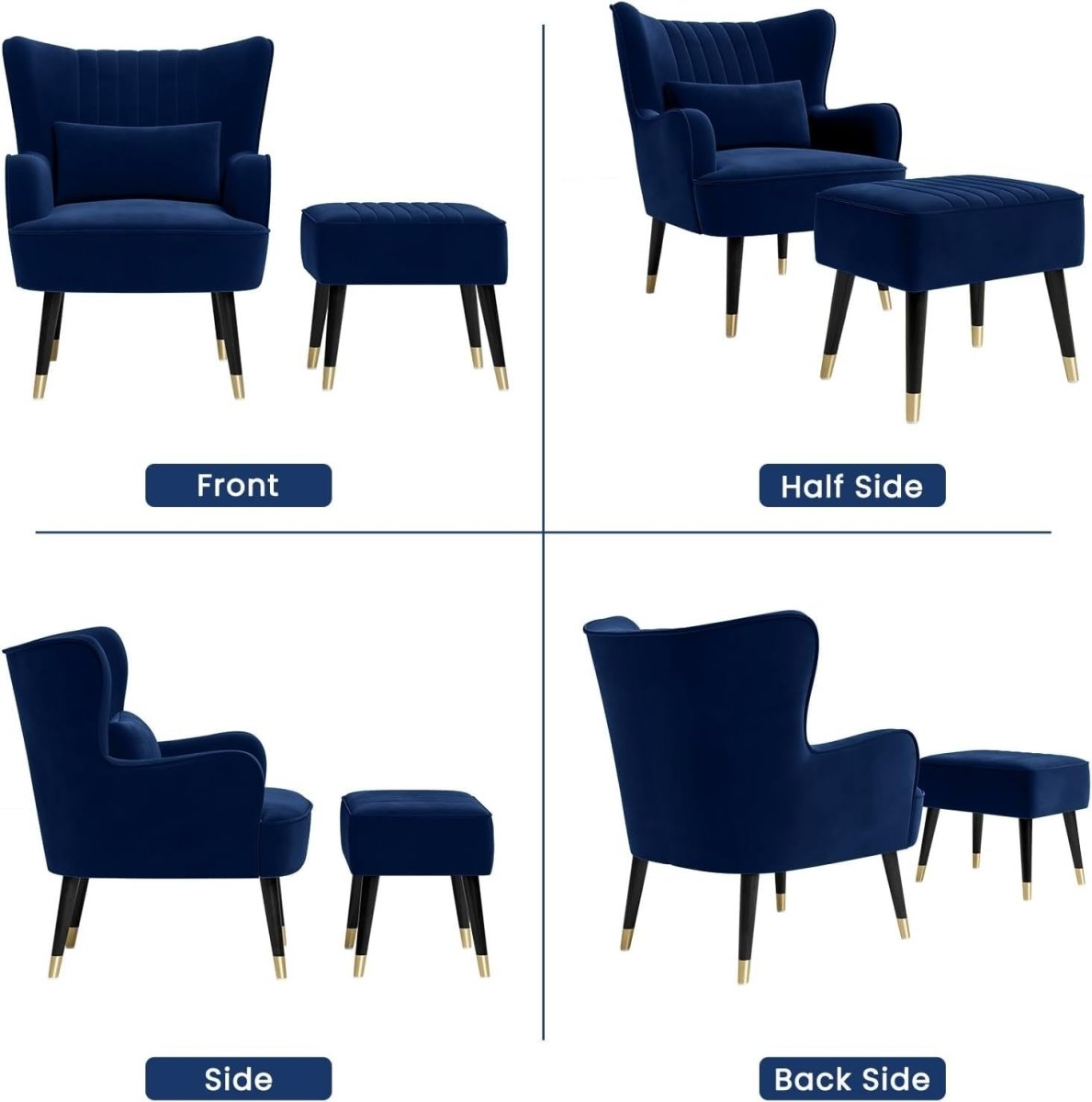 Blue Velvet Wing Back Accent Chair & Footstool Lounge Set - Kwikley