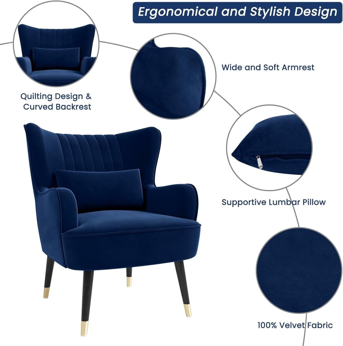 Blue Velvet Wing Back Accent Chair Lounge Armchair w Cushion - Kwikley