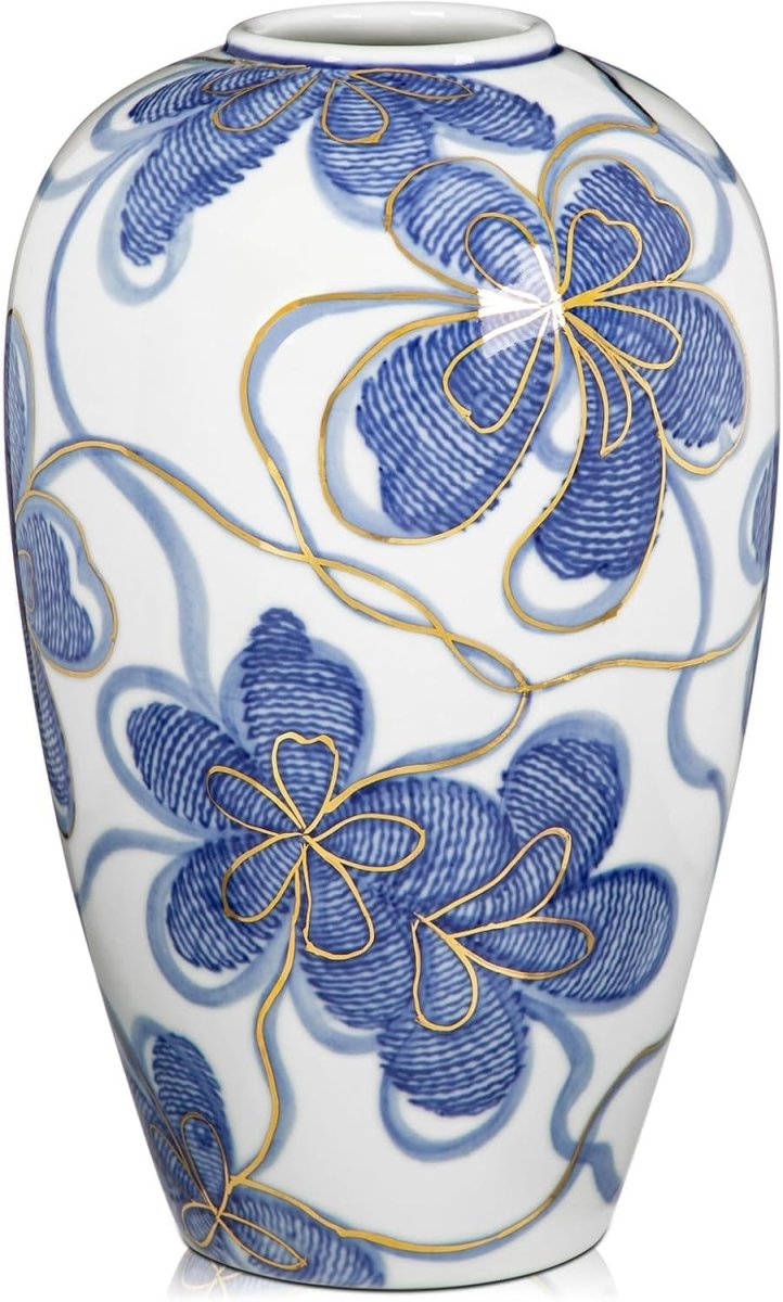 Blue White Ceramic Flower Vase Gold Detail Chinoiserie Table Decor 9 Inch - Kwikley