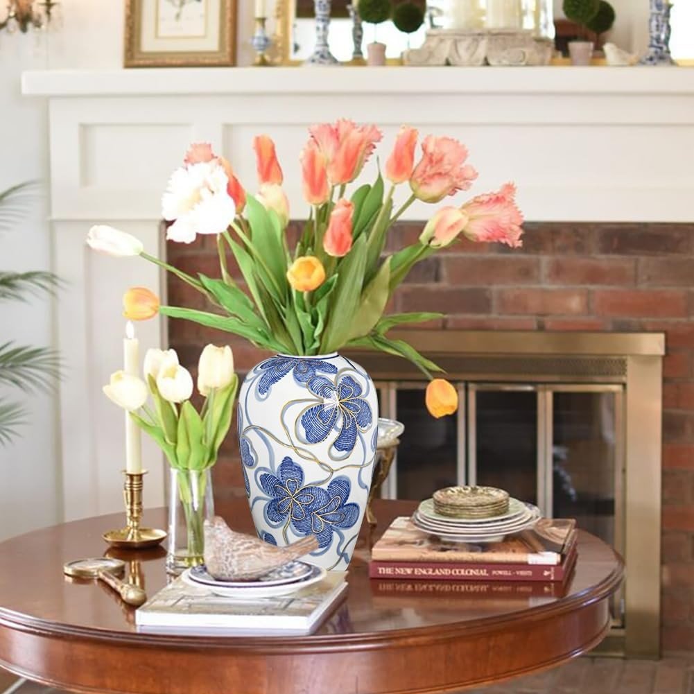 Blue White Ceramic Flower Vase Gold Detail Chinoiserie Table Decor 9 Inch - Kwikley
