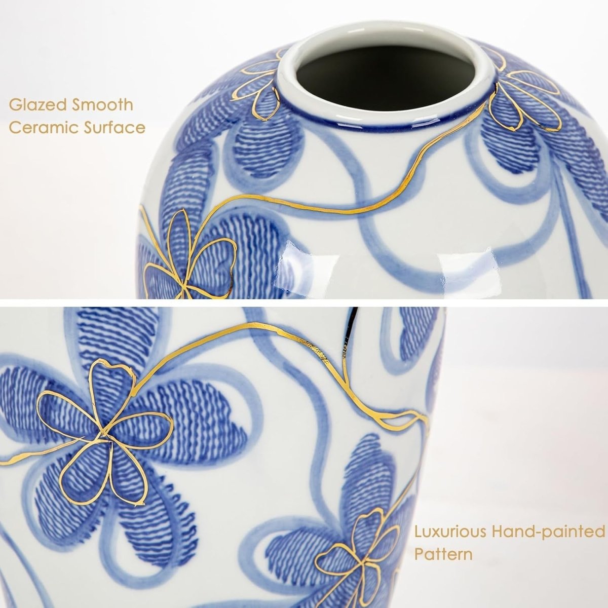 Blue White Ceramic Flower Vase Gold Detail Chinoiserie Table Decor 9 Inch - Kwikley