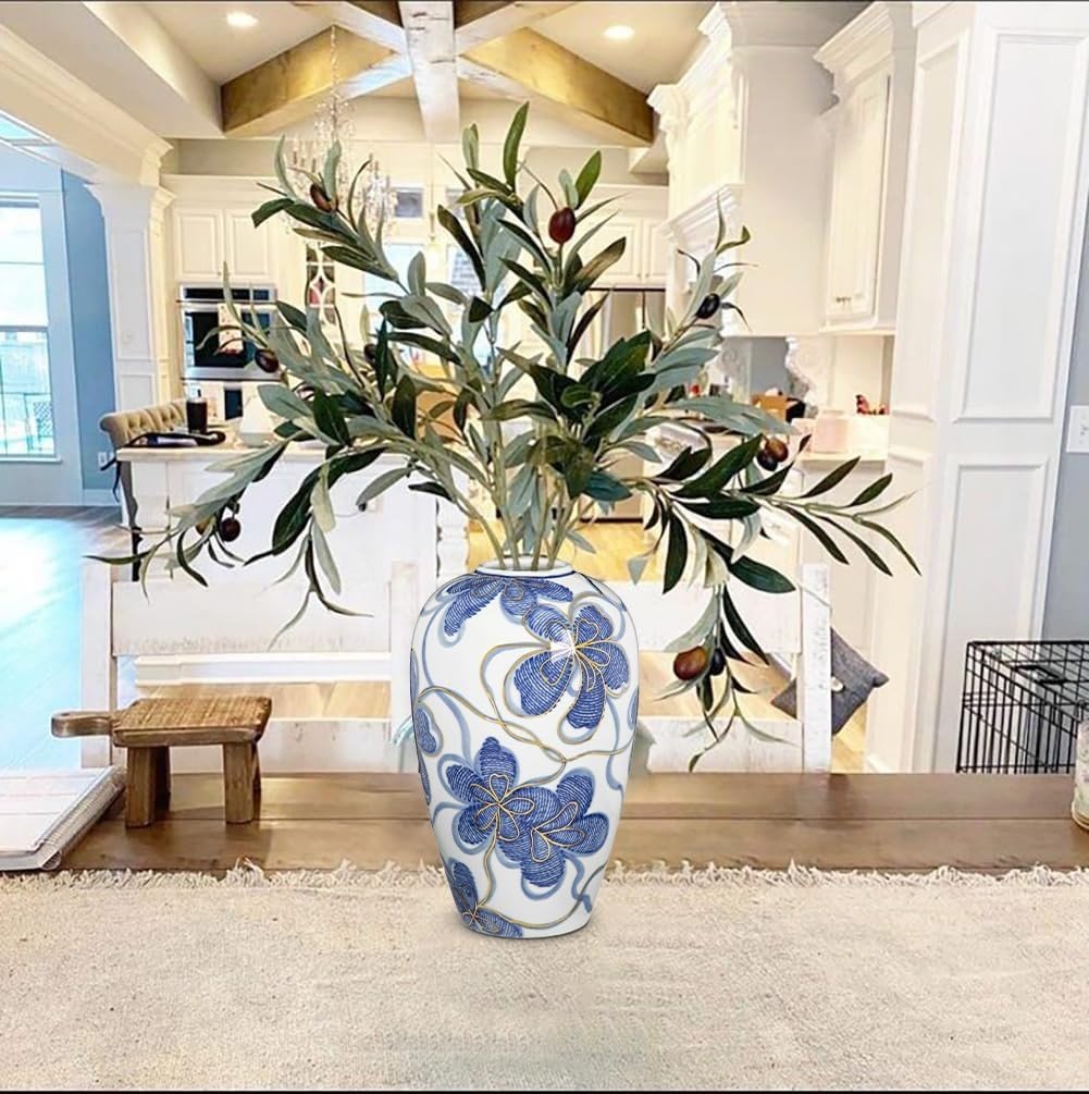 Blue White Ceramic Flower Vase Gold Detail Chinoiserie Table Decor 9 Inch - Kwikley