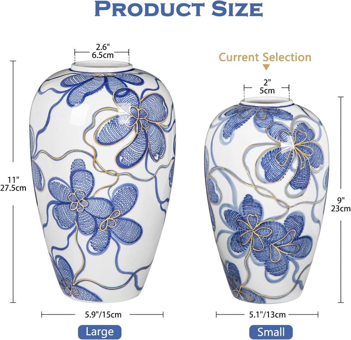 Blue White Ceramic Flower Vase Gold Detail Chinoiserie Table Decor 9 Inch - Kwikley
