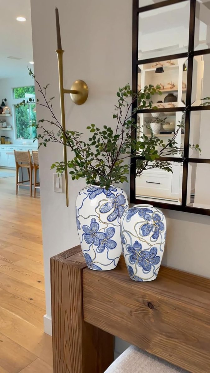 Blue White Ceramic Flower Vase Gold Detail Chinoiserie Table Decor 9 Inch - Kwikley