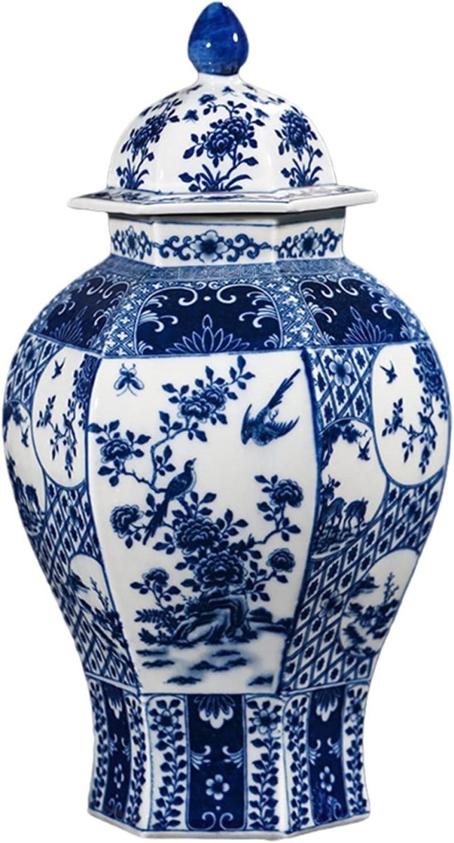 Blue White Ceramic Ginger Jar Vase Chinese Porcelain Lid Home Decor - Kwikley