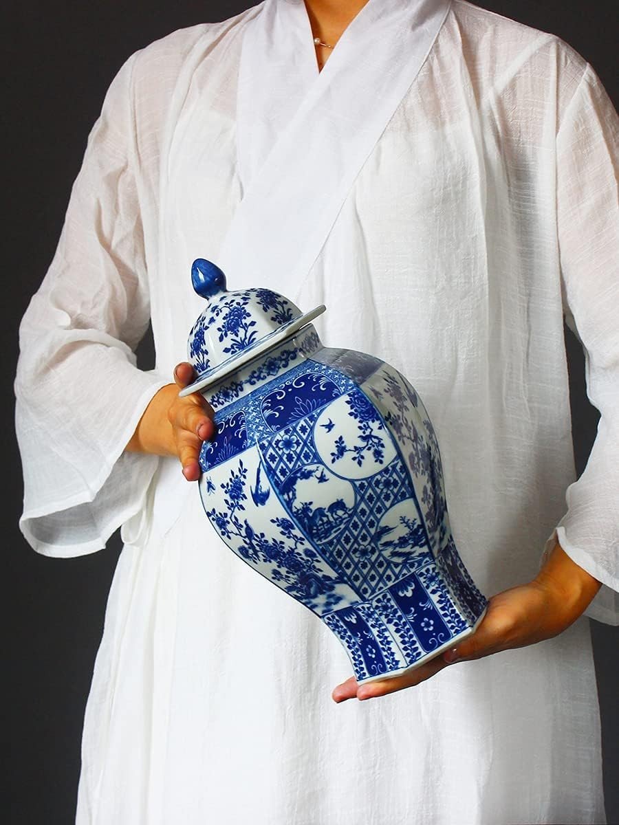 Blue White Ceramic Ginger Jar Vase Chinese Porcelain Lid Home Decor - Kwikley