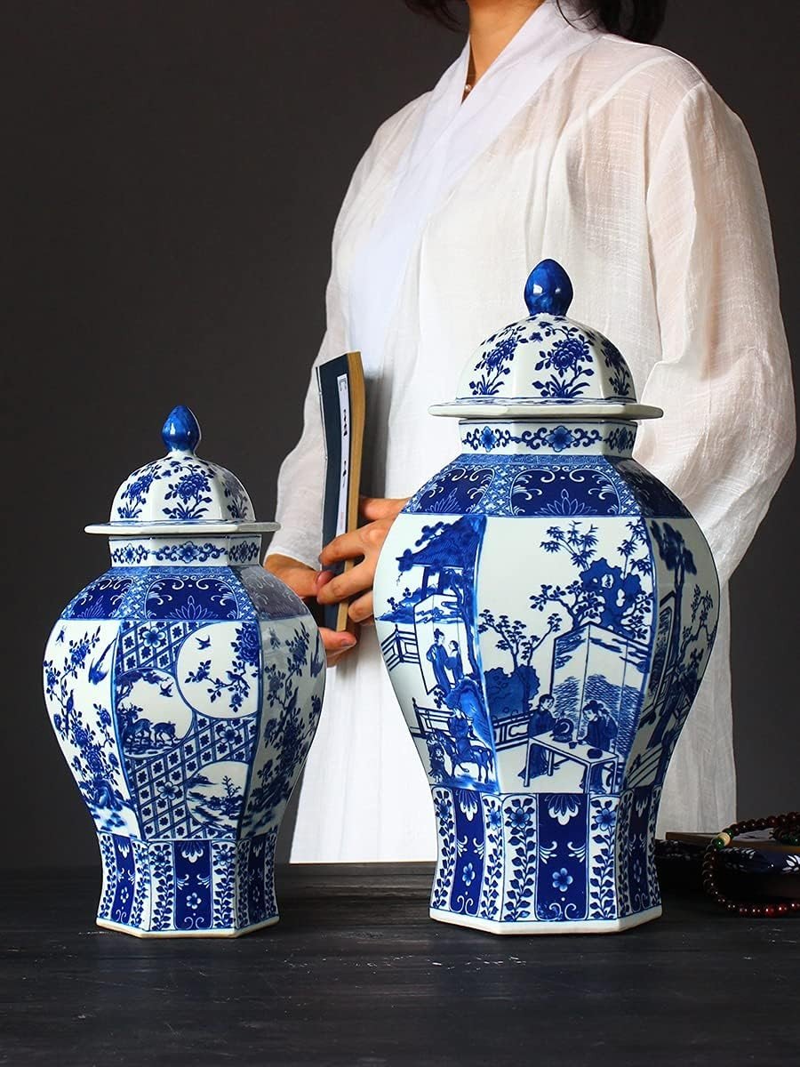 Blue White Ceramic Ginger Jar Vase Chinese Porcelain Lid Home Decor - Kwikley
