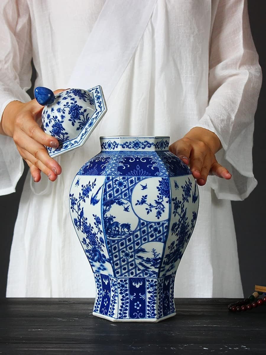 Blue White Ceramic Ginger Jar Vase Chinese Porcelain Lid Home Decor - Kwikley
