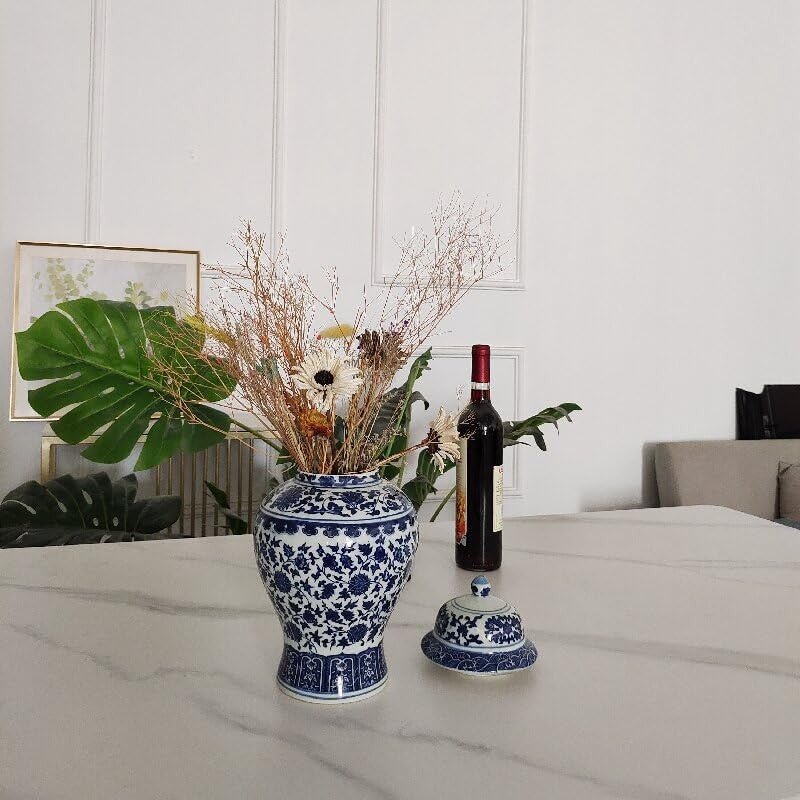 Blue White Ceramic Ginger Jar Vase with Lid Chinese Porcelain Home Decor - Kwikley