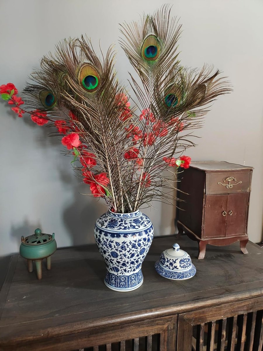 Blue White Ceramic Ginger Jar Vase with Lid Chinese Porcelain Home Decor - Kwikley