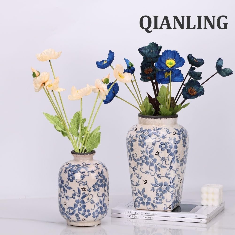 Blue White Ceramic Vase Home Decor Floral Pattern Table Centerpiece - Kwikley