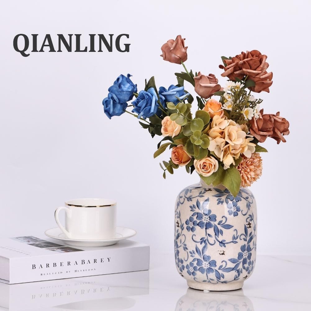 Blue White Ceramic Vase Home Decor Floral Pattern Table Centerpiece - Kwikley