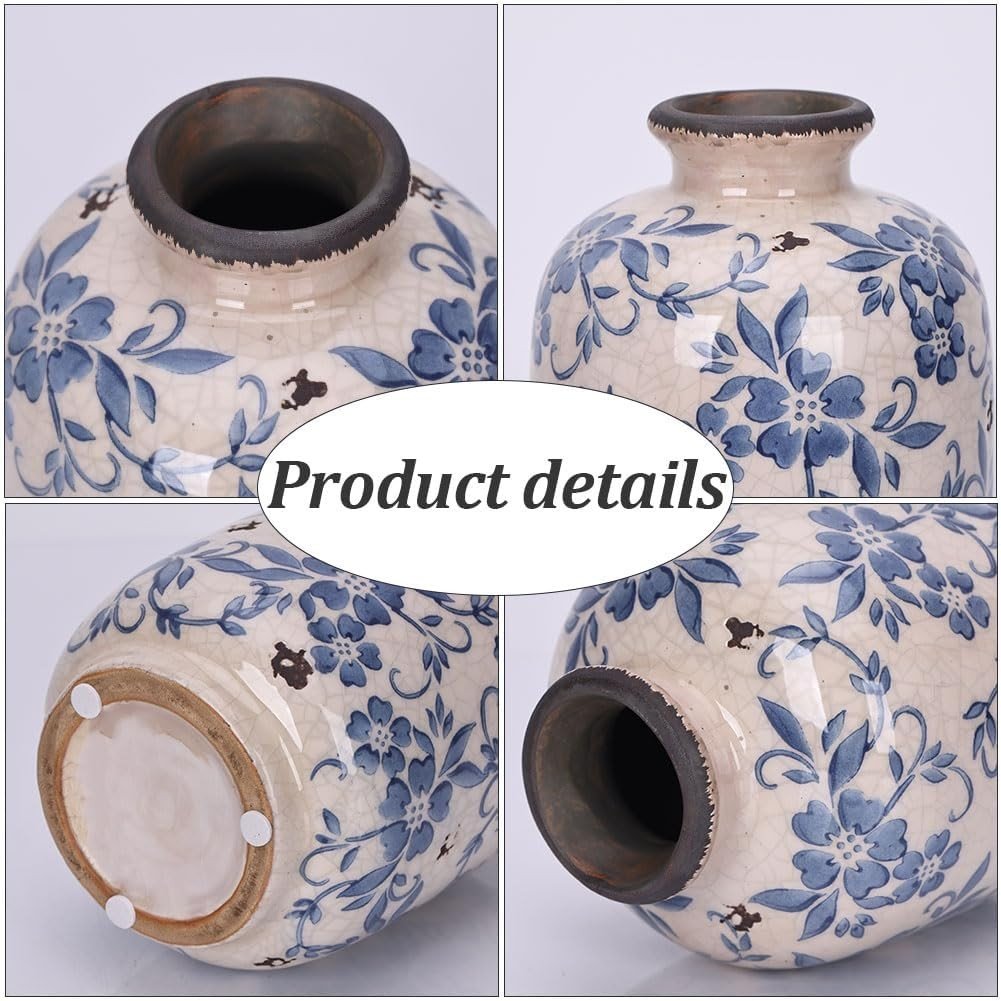 Blue White Ceramic Vase Home Decor Floral Pattern Table Centerpiece - Kwikley