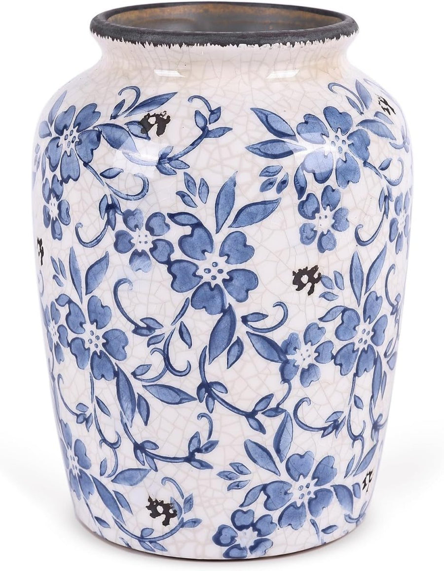 Blue White Ceramic Vase Vintage Chinoiserie Floral Home Table Decor - Kwikley