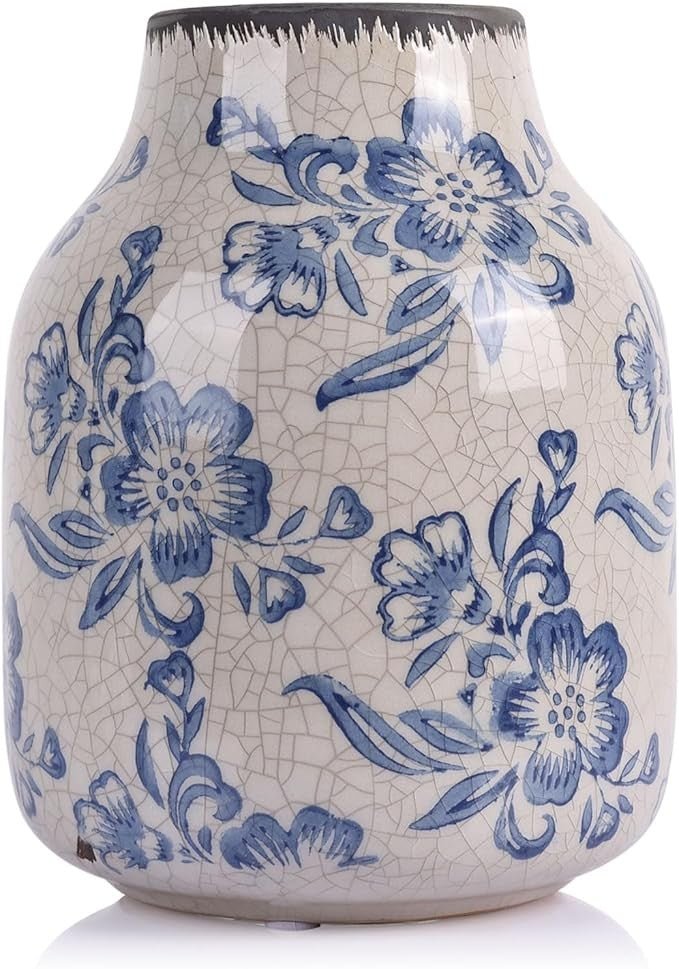Blue White Floral Ceramic Vase Chinoiserie Vintage Table Decor 20cm - Kwikley