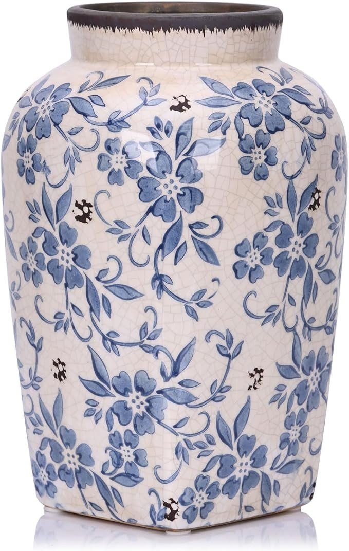 Blue White Floral Ceramic Vase Vintage Chinoiserie Flower Table Decor - Kwikley