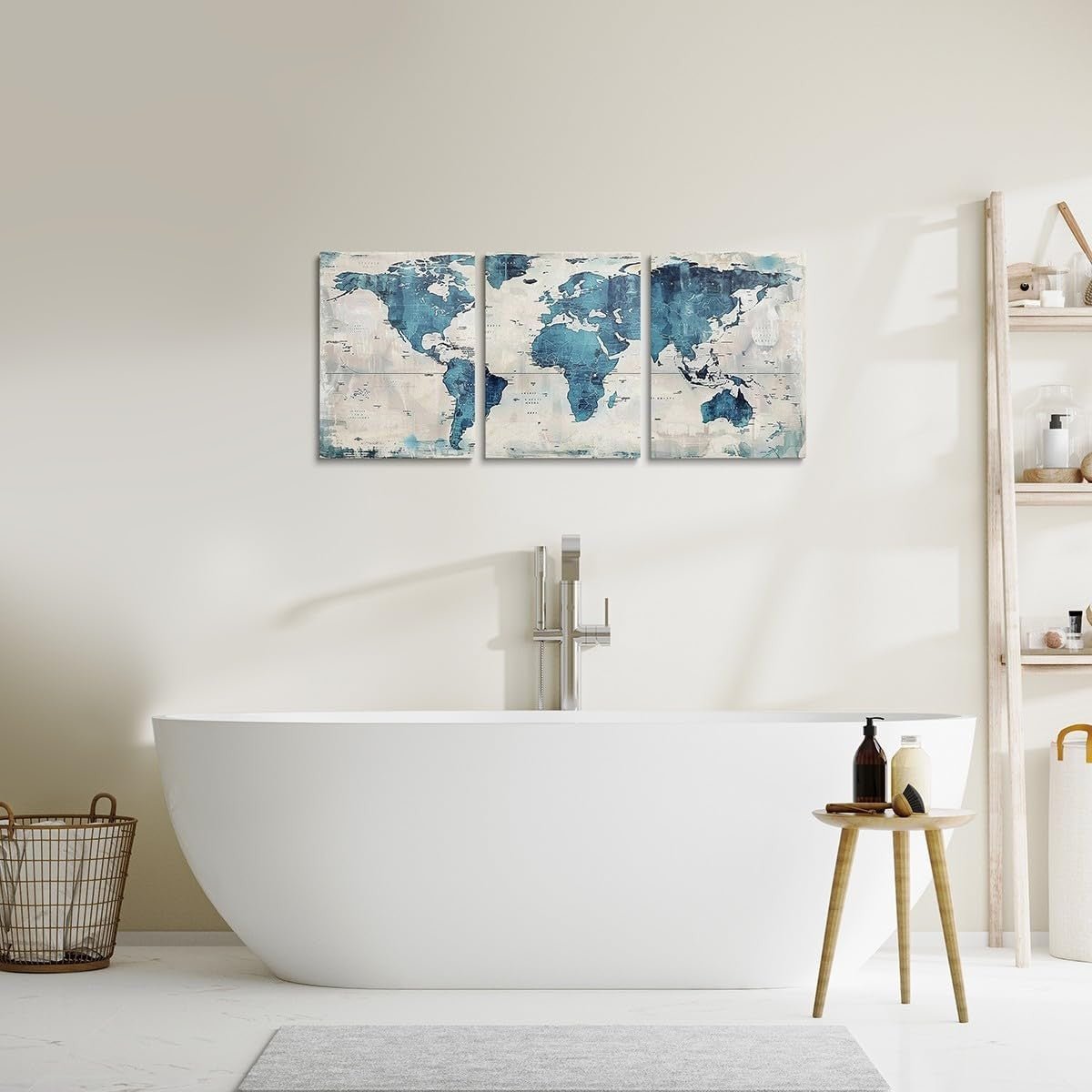 Blue World Map Canvas Wall Art Set of 3 Vintage Framed Prints - Kwikley