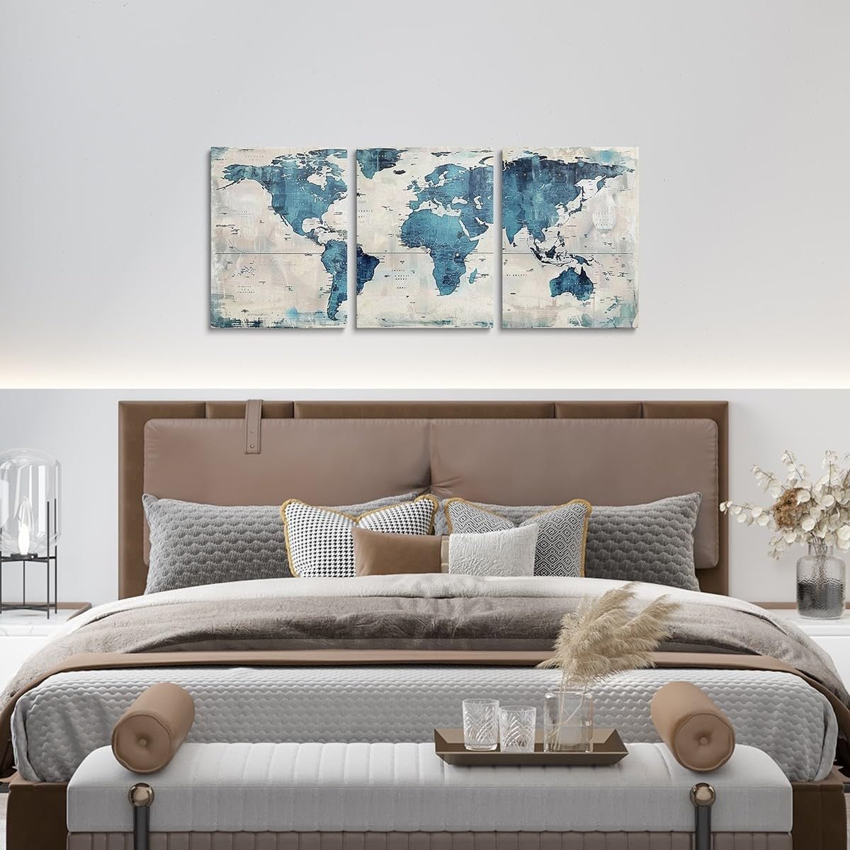 Blue World Map Canvas Wall Art Set of 3 Vintage Framed Prints - Kwikley
