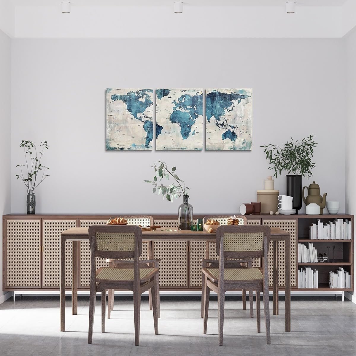 Blue World Map Canvas Wall Art Set of 3 Vintage Framed Prints - Kwikley