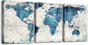Blue World Map Canvas Wall Art Set of 3 Vintage Framed Prints - Kwikley