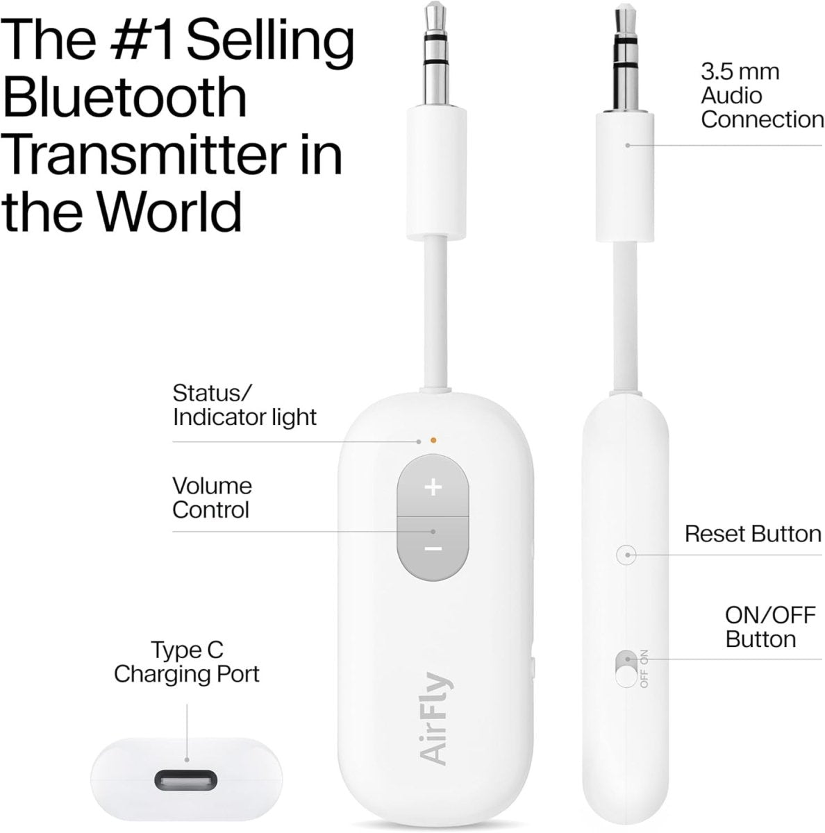 Bluetooth 5.0 Transmitter White 3.5mm Jack for TV Airplane - Kwikley