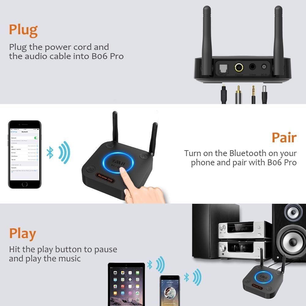 Bluetooth 5.3 Audio Receiver aptX HD RCA Optical Long Range - Kwikley