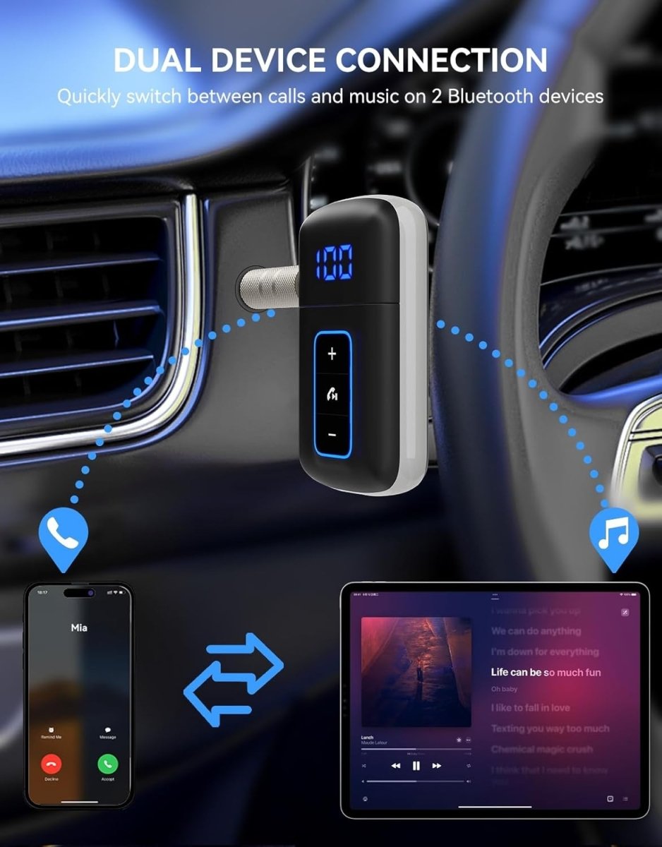 Bluetooth 5.3 AUX Adapter 3.5mm Audio Receiver LED Handsfree - Kwikley