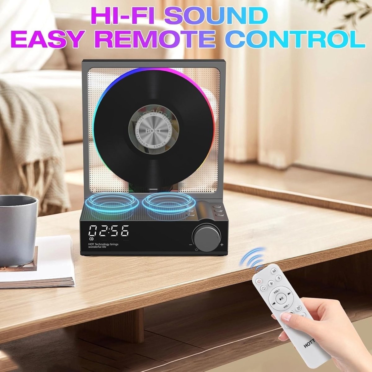 Bluetooth CD Player RGB Lights HiFi Speakers Remote Optical Output - Kwikley