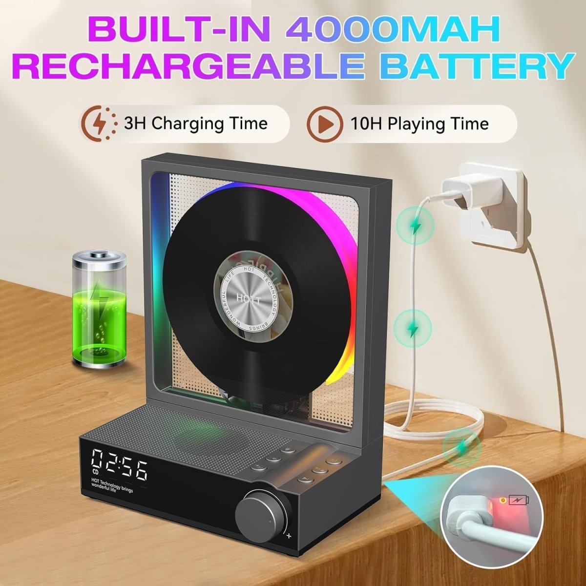 Bluetooth CD Player RGB Lights HiFi Speakers Remote Optical Output - Kwikley